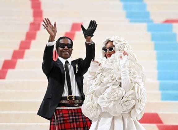 May 1, 2023, New York, New York, USA: The Metropolitan MuseumÃ¢â‚¬â ¢s annual Met Gala honoring Karl Lagerfeld brings out crowds on the carpet as well as in the street. Here Rihanna is the last arrive on the carpet with ASAP Rocky. (Photo Andrea RENAULT Zuma Press) New York USA - ZUMAg115 20230501_zaf_g115_002 Copyright: xAndreaxRenaultx
