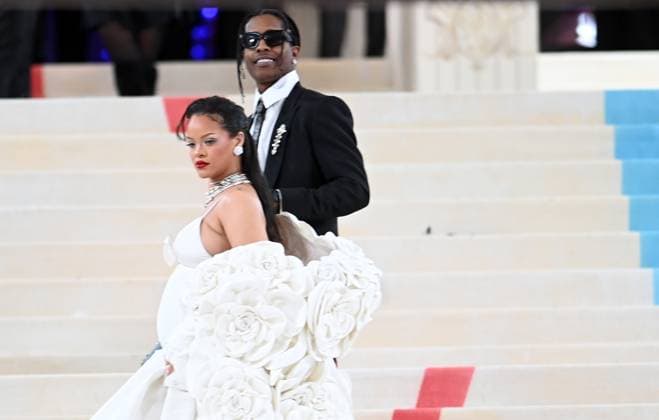May 1, 2023, New York, New York, USA: The Metropolitan MuseumÃ¢â‚¬â ¢s annual Met Gala honoring Karl Lagerfeld brings out crowds on the carpet as well as in the street. Here Rihanna is the last arrive on the carpet with ASAP Rocky. (Photo Andrea RENAULT Zuma Press) New York USA - ZUMAg115 20230501_zaf_g115_011 Copyright: xAndreaxRenaultx