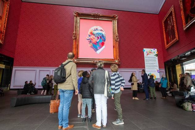 May 1, 2023, London, England, United Kingdom: Giant digital portrait of King Charles II that features hundreds of thousands of individual portraits of the king drawn by people across the UK is seen displayed in Outternet in central London. London United Kingdom - ZUMAs262 20230501_zip_s262_002 Copyright: xTayfunxSalcix