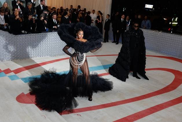 Yung Miami and Sean Diddy Combs arrive on the red carpet for The Met Gala at The Metropolitan Museum of Art celebrating the opening of Karl Lagerfeld: A Line of Beauty in New York City on Monday, May 1, 2023.  NYP202305012407 JOHNxANGELILLO
