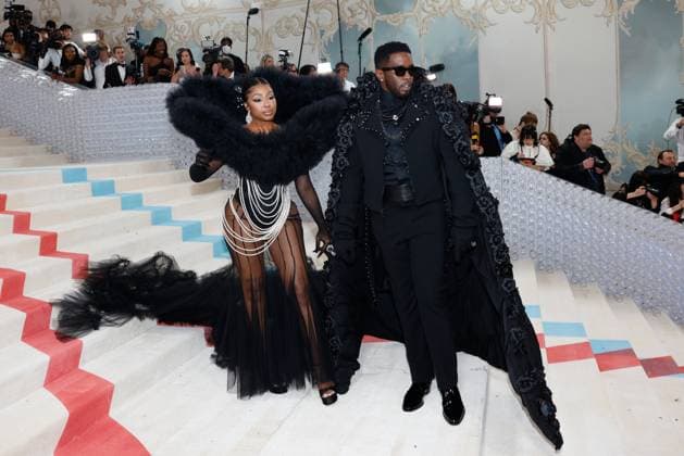 Yung Miami and Sean Diddy Combs arrive on the red carpet for The Met Gala at The Metropolitan Museum of Art celebrating the opening of Karl Lagerfeld: A Line of Beauty in New York City on Monday, May 1, 2023.  NYP202305015040 JOHNxANGELILLO