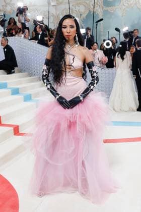 Quannah Chasinghorse arrives on the red carpet for The Met Gala at The Metropolitan Museum of Art celebrating the opening of Karl Lagerfeld: A Line of Beauty in New York City on Monday, May 1, 2023.  NYP2023050190023 JOHNxANGELILLO