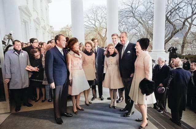 U.S. President-Elect Richard Nixon, Wife Pat Nixon and family being greeted by Former U.S. President Lyndon Johnson and First Lady Ladybird Johnson at White House prior to Nixon s Inauguration, Washington DC, USA, John T. Bledsoe, U.S. News & World Report Magazine Photograph Collection, January 20, 1969  Copyright: xCircaxImagesx ghi-circa11605