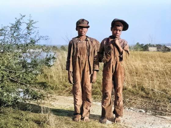 Full-Length Portrait of Two Boys in Rural Landscape, Gee s Bend, Alabama, USA, Arthur Rothstein, U.S. Farm Security Administration, April 1937  Copyright: xCircaxImagesx ghi-circa11619