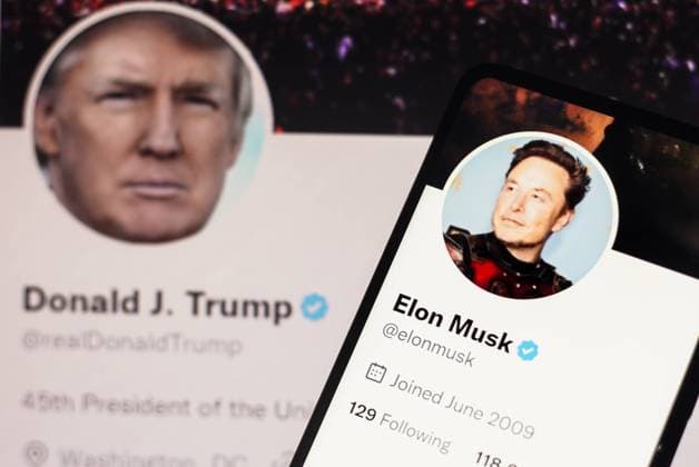 November 24, 2022, Brazil. In this photo illustration, the Donald Trump Twitter account displayed on a laptop screen and Elon Musk Twitter account displayed on a smartphone screen. November 24, 2022, Brazil. In this photo illustration, the Donald Trump Twitter account displayed on a laptop screen and Elon Musk Twitter account displayed on a smartphone screen Copyright: xZoonar.com rafapressx 19433344