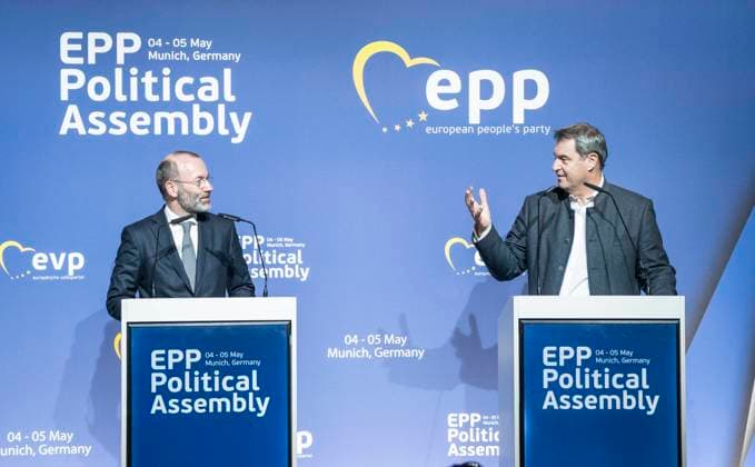 Political Assembly - EPP - European People s Party - EVP - Europäische Volkspartei - PPE - Parti populaire europÃ en - During a common press conference - Bei einer gemeinsamen Pressekonferenz - Manfred Weber, Parteivorsitzender EVP - President of the EPP, Markus Söder, Parteivorsitzender CSU - President of the CSU (from left);Political Assembly - EPP - European People s Party - EVP - Europäische Volkspartei - PPE - Parti populaire europÃ en - During a common press conference - Bei einer gemeinsamen Pressekonferenz - Manfred Weber, Parteivorsitzender EVP - President of the EPP, Munich Bavaria Germany ISARPOST Eventlocation *** Political Assembly EPP European People s Party EPP European Peoples Party PPE Parti populaire europÃ en During a