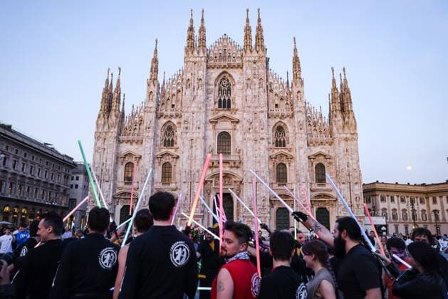 May The Fourth Star Wars Day Celebration In Milan Fans during the May The Fourth Star Wars Day celebration in Piazza Duomo on May 04, 2023 in Milan, Italy. Milan Italy  Copyright: xAlessandroxBremecx originalFilename: bremec-notitle230504_npS4B.jpg