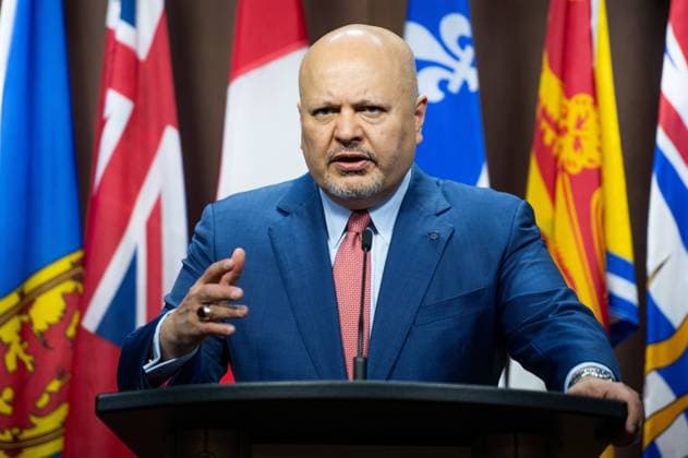 May 5, 2023, Ottawa, ON, Canada: International Criminal Court (ICC) Chief Prosecutor Karim Khan speaks at a press conference during his first official visit to Canada on Parliament Hill, in Ottawa, on Friday, May 5, 2023. Khan is scheduled to deliver the 2023 Elie Wiesel Distinguished Lectureship in Human Rights, hosted by the Raoul Wallenberg Centre for Human Rights (RWCHR) and University of Ottawa. Ottawa Canada  - ZUMAc35_ 20230505_zaf_c35_019 Copyright: xSpencerxColbyx