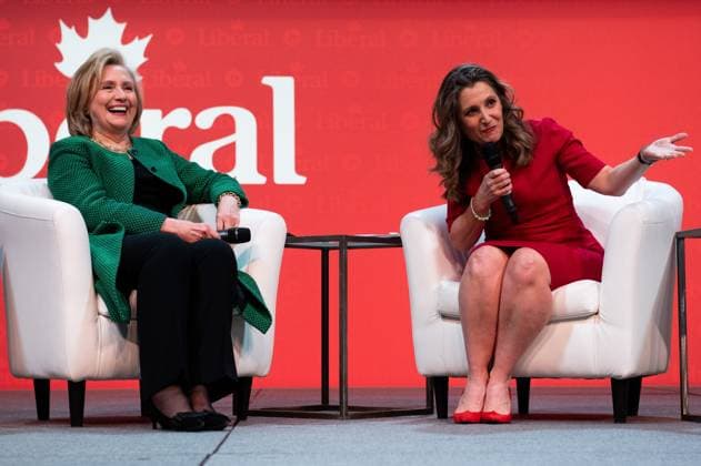 May 5, 2023, Ottawa, ON, Canada: Former U.S. Secretary of State Hillary Clinton and Deputy Prime Minister and Minister of Finance Chrystia Freeland take part in a keynote address during the second day of the Liberal Convention in Ottawa, on Friday, May 5, 2023. Ottawa Canada  - ZUMAc35_ 20230505_zaf_c35_139 Copyright: xSpencerxColbyx