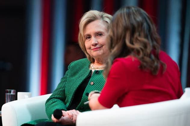 May 5, 2023, Ottawa, ON, Canada: Former U.S. Secretary of State Hillary Clinton and Deputy Prime Minister and Minister of Finance Chrystia Freeland take part in a keynote address during the second day of the Liberal Convention in Ottawa, on Friday, May 5, 2023. Ottawa Canada  - ZUMAc35_ 20230505_zaf_c35_145 Copyright: xSpencerxColbyx