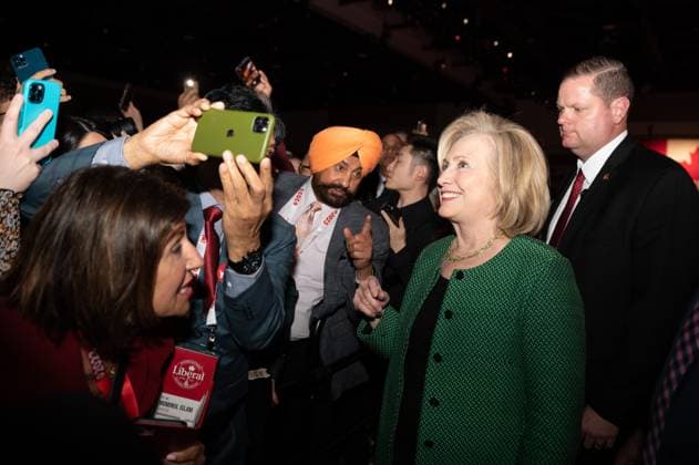 May 5, 2023, Ottawa, ON, Canada: Former U.S. Secretary of State Hillary Clinton has a cell phone picture taken with participants after delivering a keynote address during the second day of the Liberal Convention in Ottawa, on Friday, May 5, 2023. Ottawa Canada  - ZUMAc35_ 20230505_zaf_c35_146 Copyright: xSpencerxColbyx