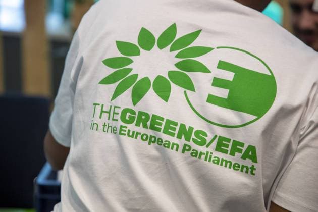 The Greens EFA European political party logo pictured during the open day of European parliament on the occasion of the Europe day, in Brussels, Saturday 06 May 2023.  NICOLASxMAETERLINCK 66812353