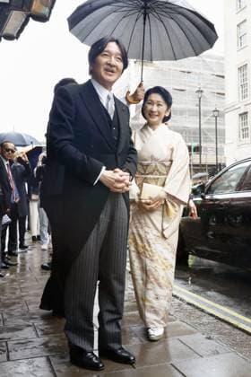 Japan crown prince in London for coronation Japanese Crown Prince Fumihito and Crown Princess Kiko return to a hotel in London after attending King Charles III s coronation ceremony at Westminster Abbey on May 6, 2023.  A14AA0001424005P