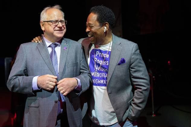 May 9, 2023, Chanhassen, MN, USA: Minnesota Gov. Tim Walz, left, and Mark Webster, a major advocate for the bill, share a laugh before the bill signing ceremony on Tuesday, May 9, 2023, at Paisley Park in Chanhassen, Minnesota. Chanhassen USA - ZUMAm67_ 20230509_zaf_m67_021 Copyright: xAlexxKormannx