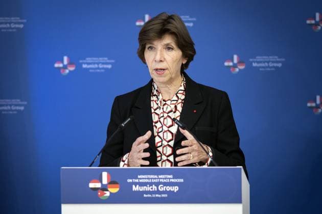 Annalena Baerbock, Bundesaussenministerin, laedt zu Kleeblatt-Treffen nach Berlin ein. Hier aufgenommen: Catherine Colonna, Aussenministerin von Frankreich, bei einer Pressekonferenz nach dem gemeinsamen Gespraech. Berlin, 11.05.2023. Berlin Deutschland