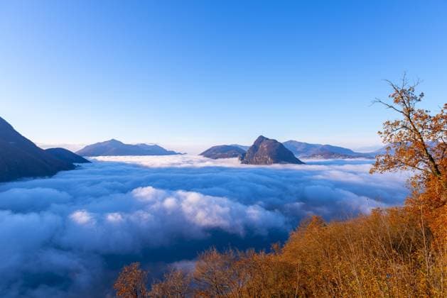 Creative Highlights World Berggipfel San Salvatore über Wolkenlandschaft mit einem Herbstbaum und Sonnenlicht mit klarem Himmel in Lugano, Tessin in der Schweiz *** Mountain tops San Salvatore via Cloudscape with a Autumn tree and Sunlight with clear Sky in Lugano, Ticino in the Switzerland Copyright: imageBROKER/MatsxSilvan ibxkdx09259813.jpg