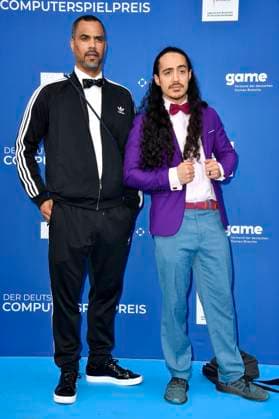 Patrice Bouedibela und Masud Akbarzadeh bei der Verleihung des Deutschen Computerspielpreises 2023 im Spindler & Klatt. Berlin, 11.05.2023