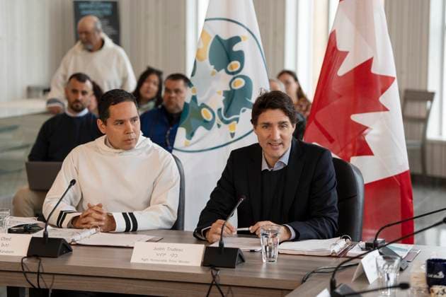 May 12, 2023, Nain, NL, Canada: Prime Minister Justin Trudeau, right, makes remarks next to Natan Obed, president of the Inuit Tapiriit Kanatami, during a meeting of the Inuit-Crown Partnership Committee (ICPC) in Nain, N.L. on Friday, May 12, 2023. Nain Canada  - ZUMAc35_ 20230512_zaf_c35_001 Copyright: xDarrenxCalabresex