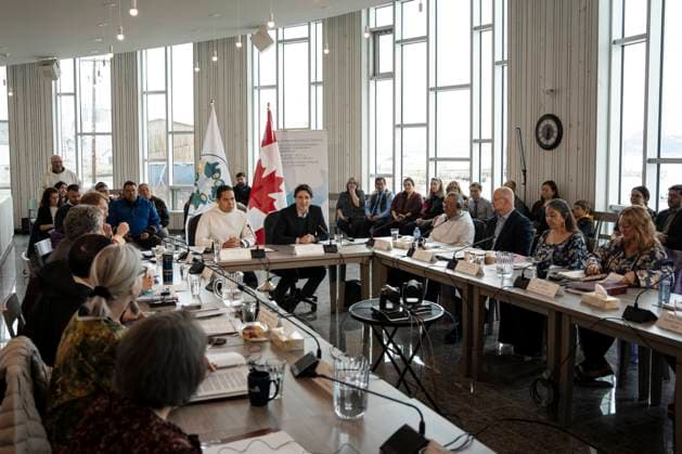 May 12, 2023, Nain, NL, Canada: Prime Minister Justin Trudeau, centre, makes remarks next to Natan Obed, centre left, president of the Inuit Tapiriit Kanatami, during a meeting of the Inuit-Crown Partnership Committee (ICPC) in Nain, N.L. on Friday, May 12, 2023. Nain Canada  - ZUMAc35_ 20230512_zaf_c35_002 Copyright: xDarrenxCalabresex