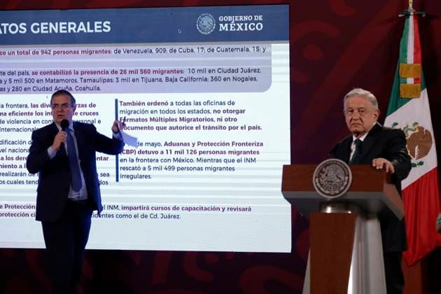 May 12, 2023, Mexico City, Mexico: Mexican President Andres Manuel Lopez Obrador with Foreign Affairs Secretary Marcelo Ebrard at a press conference before reporters at the National Palace in Mexico City, Mexico. on May 12, 2023 in Mexico City, Mexico Mexico City Mexico - ZUMAe321 20230512_zia_e321_071 Copyright: xLuisxBarronx