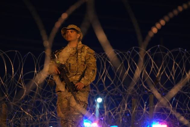 May 11, 2023, El Paso, TX, United States: Texas Army National Guard soldiers with the governors self-styled Texas Tactical Border Force, on overnight security detail during Operation Lone Star Task Force West, May 11, 2023 near El Paso, Texas. The fear over a migrant surge after Title 42 expired failed to materialize with fewer migrants risking the tougher penalties under the new Title 8 rules. El Paso United States - ZUMAp138 20230511_zaa_p138_022 Copyright: xMarkxOtte TexasxNationalx