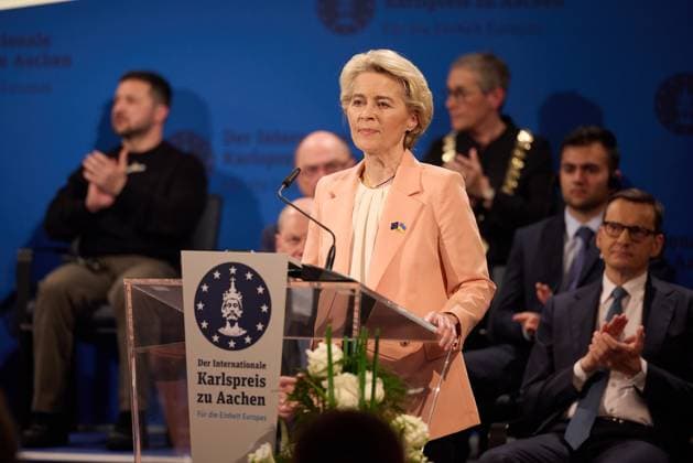 European Commission President Ursula von der Leyen speaks during the award ceremony of the International Charlemagne Prize of Aachen 2023 (Karlspreis) given to the President and the people of Ukraine on May 14, 2023 in Aachen,, Germany. The President of Ukraine Volodymyr Zelensky and the people of his country are awarded the International Charlemagne Prize in Aachen on Sunday, May 14..  GRM2023051453