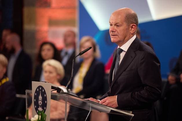 German Chancellor Olaf Scholz delivers delivers a speech during the award ceremony of the International Charlemagne Prize of Aachen 2023 (Karlspreis) given to the President and the people of Ukraine on May 14, 2023 in Aachen,, Germany. The President of Ukraine Volodymyr Zelensky and the people of his country are awarded the International Charlemagne Prize in Aachen on Sunday, May 14..  GRM2023051449