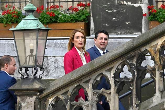 Roberta Metsola bei der Verleihung des Karlspreises 2023 an Wolodymyr Selenskyj und das ukrainische Volk im Aachener Rathaus. Aachen, 14.05.2023