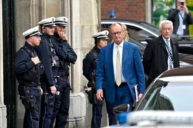 Friedrich Merz bei der Verleihung des Karlspreises 2023 an Wolodymyr Selenskyj und das ukrainische Volk im Aachener Rathaus. Aachen, 14.05.2023