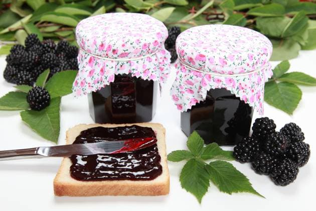 Two glasses of homemade blackberry jam with fresh fruits, toast and leaves Copyright: xMarkusxMainkax xDesignxPicsx , 31197432 Copyright: MarkusxMainkax xDesignxPics 31197432