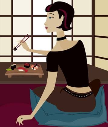 Girl sits on a pillow, enjoying sushi in a restaurant Copyright: xMelaniexTaylorx xDesignxPicsx , 31212653 Copyright: MelaniexTaylorx xDesignxPics 31212653