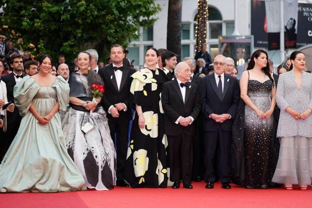 Jillian Dion, Tantoo Cardinal, Leonardo DiCaprio, Lily Gladstone, Director Martin Scorsese, Robert Di Niro, Cara Jade Myers und Janae Collins bei der Premiere des Kinofilms Killers of the Flower Moon auf dem Festival de Cannes 2023 76. Internationale Filmfestspiele von Cannes im Palais des Festivals. Cannes, 20.05.2023