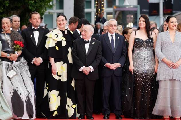 Tantoo Cardinal, Leonardo DiCaprio, Lily Gladstone, Martin Scorsese, Robert De Niro, Cara Jade Myers und Jillian Dion bei der Premiere des Kinofilms Killers of the Flower Moon auf dem Festival de Cannes 2023 76. Internationale Filmfestspiele von Cannes im Palais des Festivals. Cannes, 20.05.2023