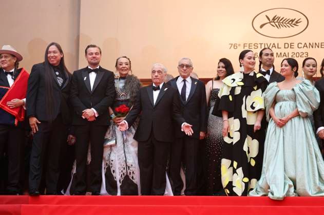 Yancey Red Corn, William Belleau, Leonardo DiCaprio, Tantoo Cardinal, Martin Scorsese, Robert De Niro, Cara Jade Myers, Tatanka Meane und Jillian Dion bei der Premiere des Kinofilms Killers of the Flower Moon auf dem Festival de Cannes 2023 76. Internationale Filmfestspiele von Cannes im Palais des Festivals. Cannes, 20.05.2023