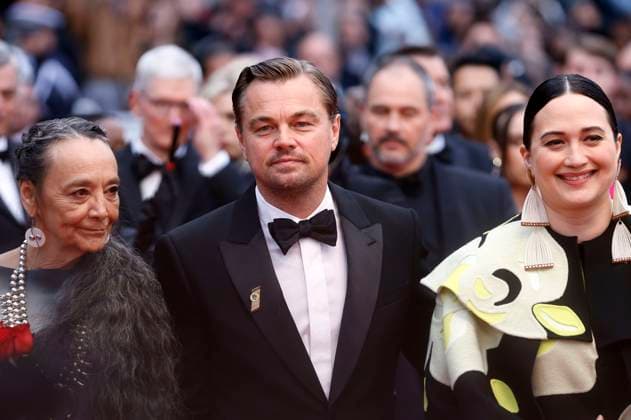 Tantoo Cardinal, Leonardo DiCaprio und Lily Gladstone bei der Premiere des Kinofilms Killers of the Flower Moon auf dem Festival de Cannes 2023 76. Internationale Filmfestspiele von Cannes im Palais des Festivals. Cannes, 20.05.2023