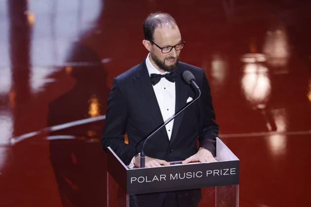 STOCKHOLM 20230523 Michael Pärt, son of this years laureate Arvo Pärt, accepts his fathers award and delivers a speech of thanks during the presentation of the Polar Prize 2023 at the Grand Hotel in Stockholm on Tuesday.  Copyright: xChristinexOlsson TTx POLARPRISET 2023 TTABB0000000000189143