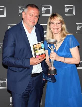 International Booker Prize 2023 London, UK. Bulgarian born writer Georgi Gospodinov wins the International Booker Prize 2023 for his book Time Shelter. He is seen here with Angela Rodel who translated the work into English. Sky Garden. 23rd May 2023. LMK11-SLIVE240523-001 
