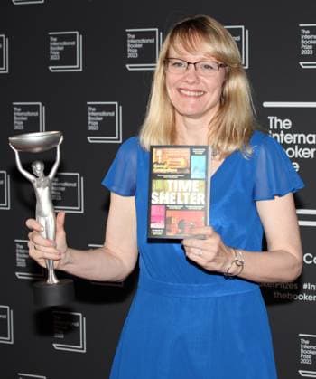 International Booker Prize 2023 London, UK. Angela Rodel who translated into English Bulgarian born writer Georgi Gospodinov wins the International Booker Prize 2023 for his book Time Shelter. He is seen here with Angela Rodel who translated the work into English. Sky Garden. 23rd May 2023. LMK11-SLIVE240523-001 
