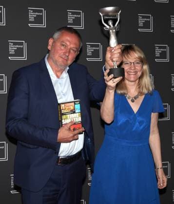 International Booker Prize 2023 London, UK. Bulgarian born writer Georgi Gospodinov wins the International Booker Prize 2023 for his book Time Shelter. He is seen here with Angela Rodel who translated the work into English. Sky Garden. 23rd May 2023. LMK11-SLIVE240523-001 