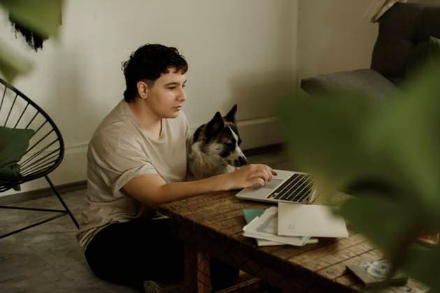 IMAGO Creative, Health, Hunde im Büro reduzieren Stress Freelancer using laptop sitting with dog at home model released, Symbolfoto property released, EGCF00094