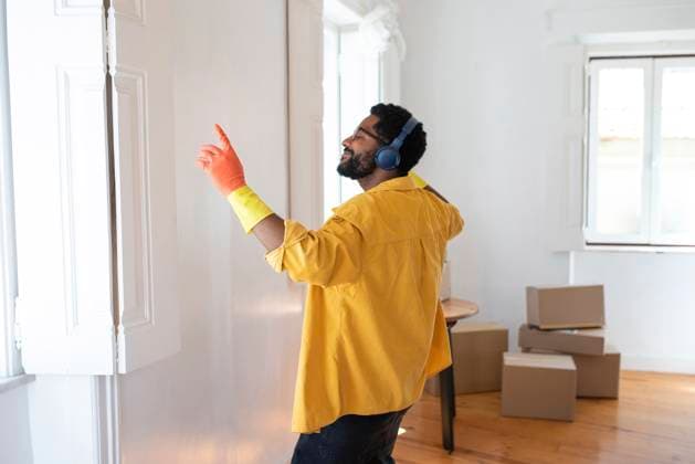 Happy man enjoying music with headphones and cleaning new apartment model released, Symbolfoto property released, VRAF00110