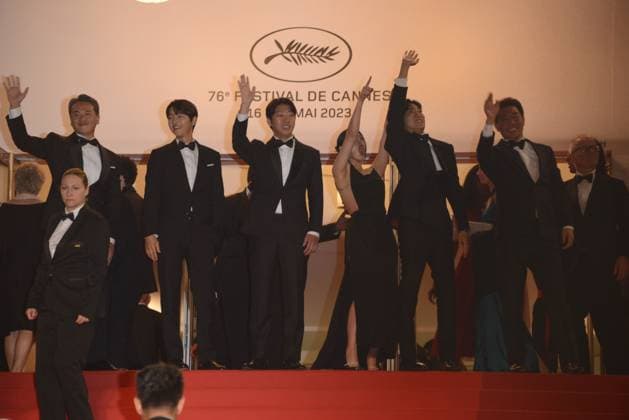 May 24, 2023, CANNES, France: CANNES, FRANCE - MAY 24: (L-R) Han Jae-duk, Xa Bin Hong, Joong Ki Song, Hyoung Seo Kim, Kim Chang-Hoon and guest attend the Il Sol Dell Avvenire (A Brighter Tomorrow) red carpet during the 76th annual Cannes film festival at Palais des Festivals on May 24, 2023 in Cannes, France. CANNES France - ZUMAi09_ 20230524_zaf_i09_029 Copyright: xFrederickxInjimbertx