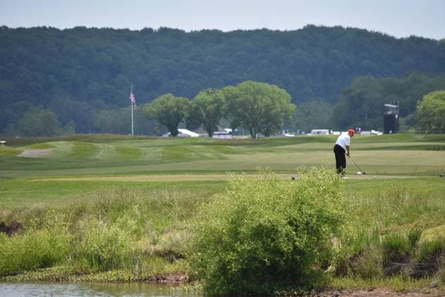 May 26, 2023, Sterling, Virginia, United States: Former President of the United States Donald J. Trump swings his put as he plays golf at his golf course. Former President of the United States Donald J. Trump plays golf prior to the LIV Golf Round 1 Shotgun Start at Trump National Golf Club Washington DC in Sterling. Prior to round one of the LIV Golf Washington DC 2023 event, Former President of the United States Donald J. Trump played golf on his golf course in Sterling, Virginia Friday morning into the afternoon. Sterling United States - ZUMAs197 20230526_zaa_s197_087 Copyright: xKylexMazzax