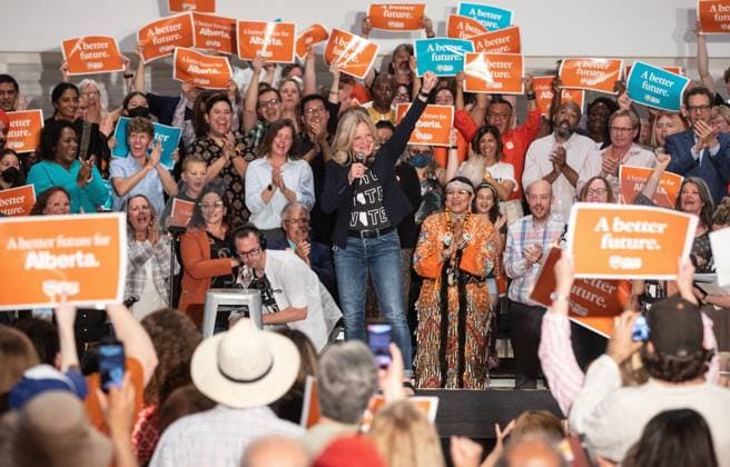 May 28, 2023, EDMONTON, AB, CANADA: Leader of the NDP Rachel Notley speaks during a campaign rally in Edmonton Alberta on Sunday May 28, 2023. EDMONTON CANADA  - ZUMAc35_ 20230528_zaf_c35_025 Copyright: xJasonxFransonx