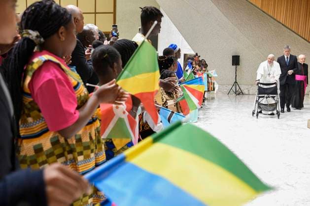 Italy, Rome, Vatican, 2023 05 29 Pope Francis attending a meeting with children from various African nations, on the occasion of Day for Africa , at the Vatican. Photograph by Vatican Media Catholic Press Photo RESTRICTED TO EDITORIAL USE - NO MARKETING - NO ADVERTISING CAMPAIGNS  Copyright: x VaticanxMedia CPPx xipa-agencyx x VaticanxMedia CPPx IPA_IPA38317242
