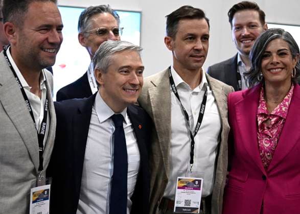 June 1, 2023, Ottawa, ON, CAN: Minister of Innovation, Science and Industry Francois-Philippe Champagne poses for a photo with James Davies, second from right, President and CEO of Canadian shipbuilder Davie and Inocea Group, at the CANSEC trade show, billed as North AmericaöÄÃ s largest multi-service defence event, in Ottawa, on Thursday, June 1, 2023. Ottawa CAN  - ZUMAc35_ 20230601_zaf_c35_034 Copyright: xJustinxTangx