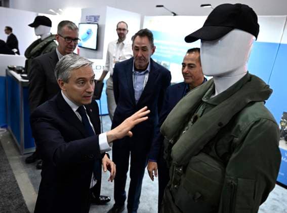 June 1, 2023, Ottawa, ON, CAN: Minister of Innovation, Science and Industry Francois-Philippe Champagne has a look at a Survitec flight suit, at the CANSEC trade show, billed as North AmericaöÄÃ s largest multi-service defence event, in Ottawa, on Thursday, June 1, 2023. Ottawa CAN  - ZUMAc35_ 20230601_zaf_c35_074 Copyright: xJustinxTangx