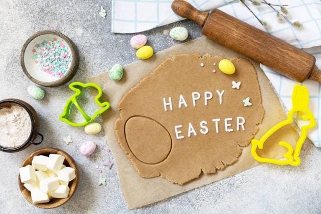 Background for baking or cooking Easter cookies. Ingredients and kitchen utensils for baking on a light stone table. Background for baking or cooking Easter cookies. Ingredients and kitchen utensils for baking on a light stone table. Copyright: xZoonar.com ELENAxHRAMOVAx 20026897