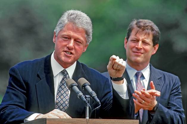August 10, 1993, Washington, District of Columbia, US: President William Jefferson Clinton and Vice President Albert Gore Jr. address the crowd gathered on the South Lawn of the White House to witness the signing of the Budget deficit bill signing. Clinton signed the Omnibus Budget Reconciliation Act of 1993 which passed Congress without a single Republican vote. It raised taxes on the wealthiest 1.2% of taxpayers, while cutting taxes on 15 million low-income families Washington US - ZUMAr142 19930810_zap_r142_026 Copyright: xMarkxReinsteinx