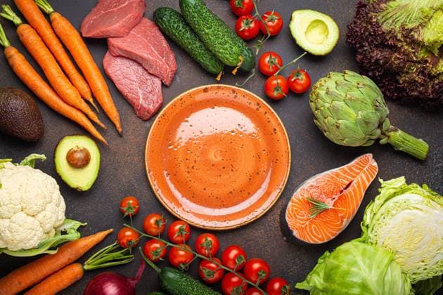 Assorted food raw products: vegetables, beef meat, fish salmon and empty plate in centre, dark rustic brown stone table top view copy space. Healthy food concept, ingredients for balanced diet Assorted food raw products: vegetables, beef meat, fish salmon and empty plate in centre, dark rustic brown stone table top view copy space. Healthy food background, ingredients for balanced diet Copyright: xZoonar.com OlenaxYeromenkox 20054138